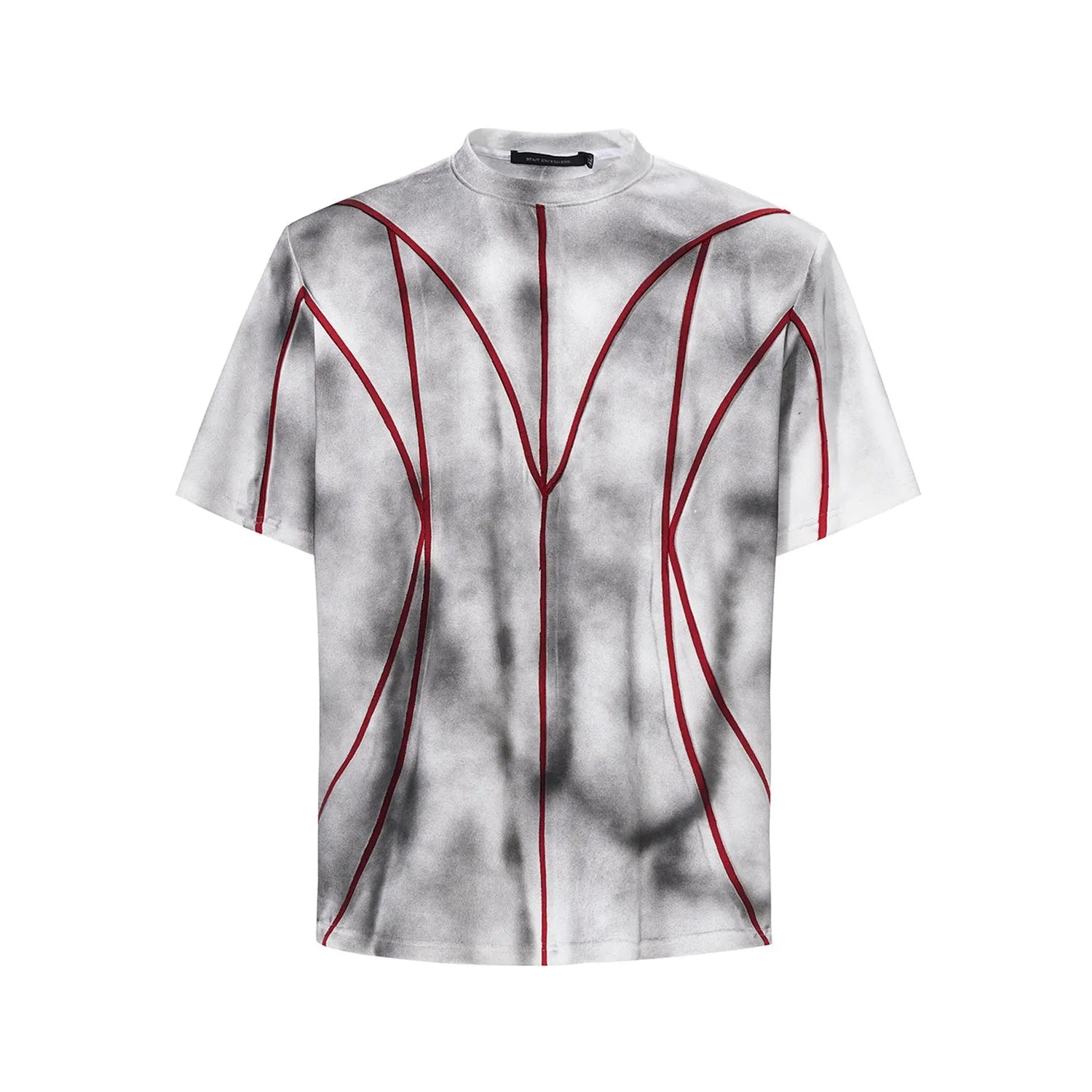Short sleeve round neck T-shirt with padded shoulders and three-dimensional line patchwork design
