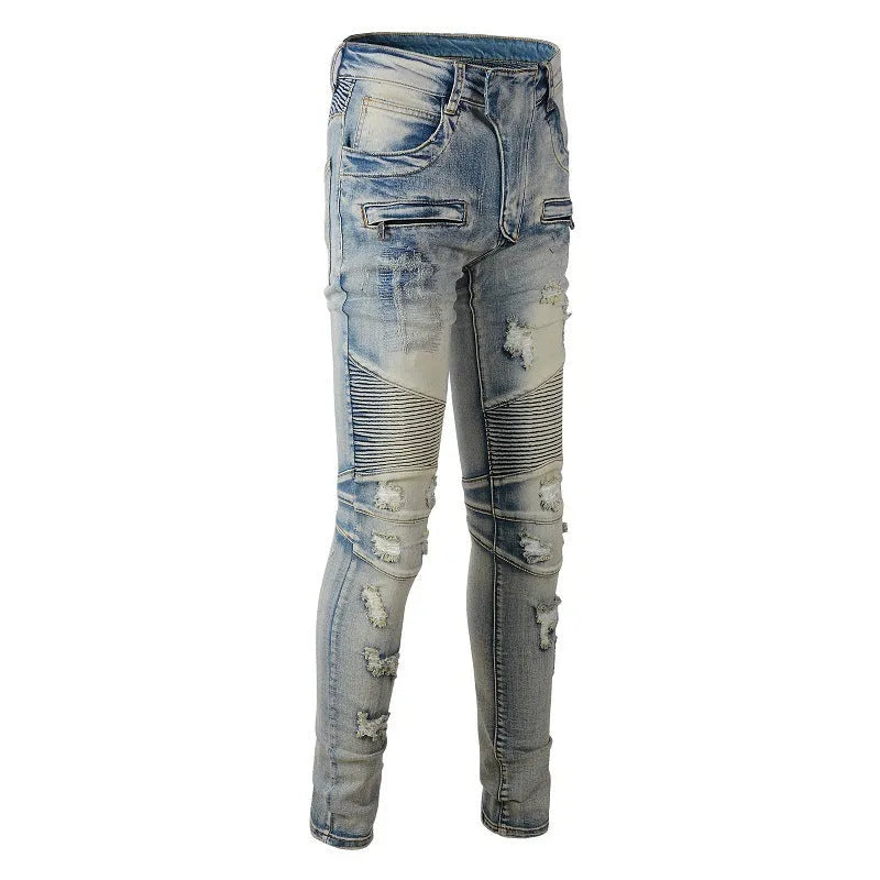 Light blue men's jeans with hand-frayed distressing, slim stretch fit, and straight leg opening