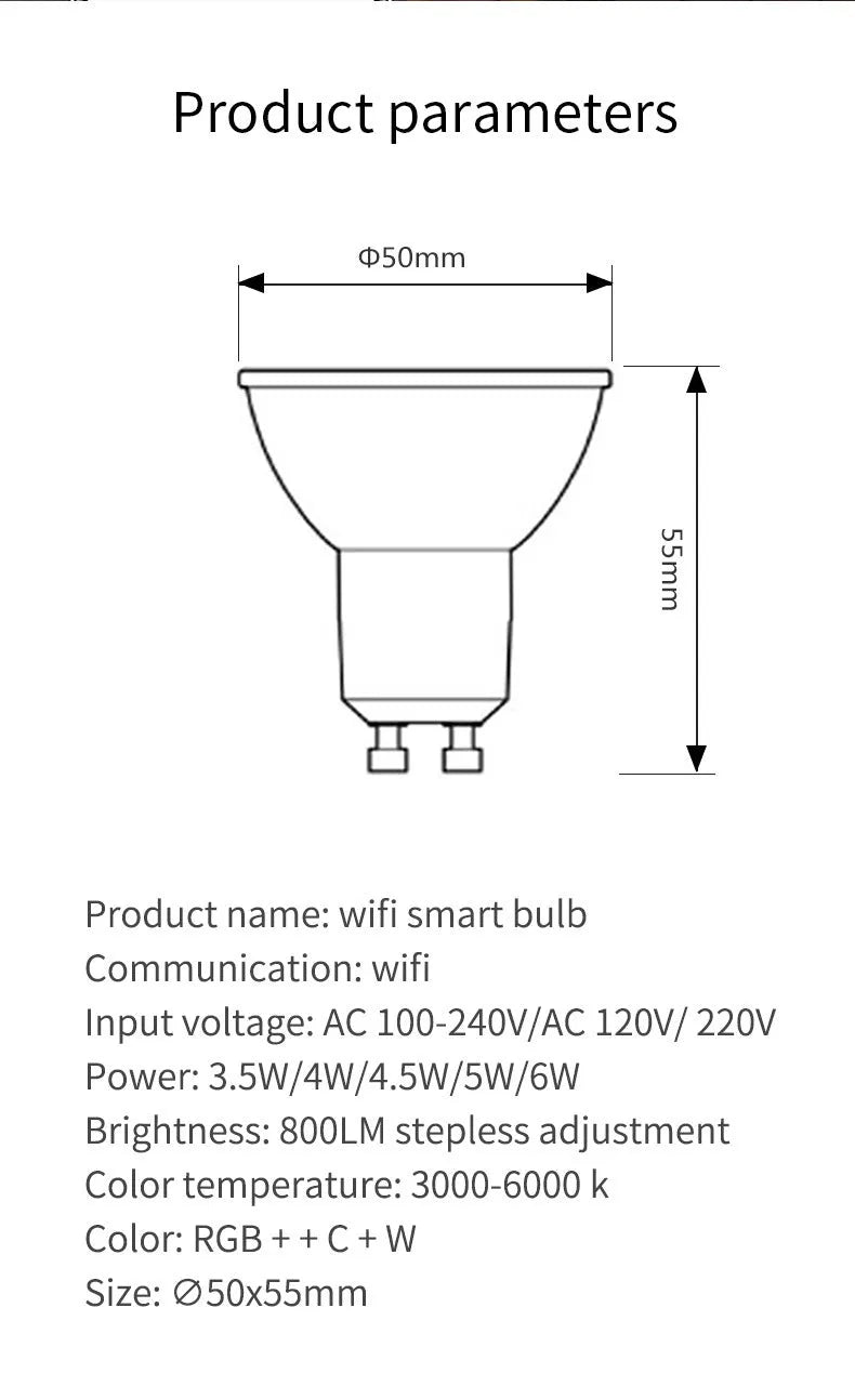 Smart RGBCCT GU10 spotlight bulb with WiFi connectivity for voice control
