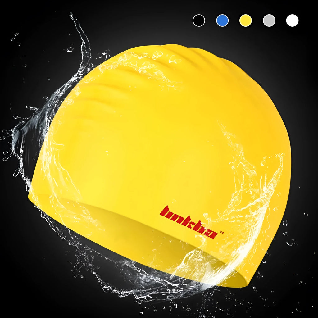 Silicone swimming cap with waterproof earmuffs and a letter pattern, shown in five colour options.