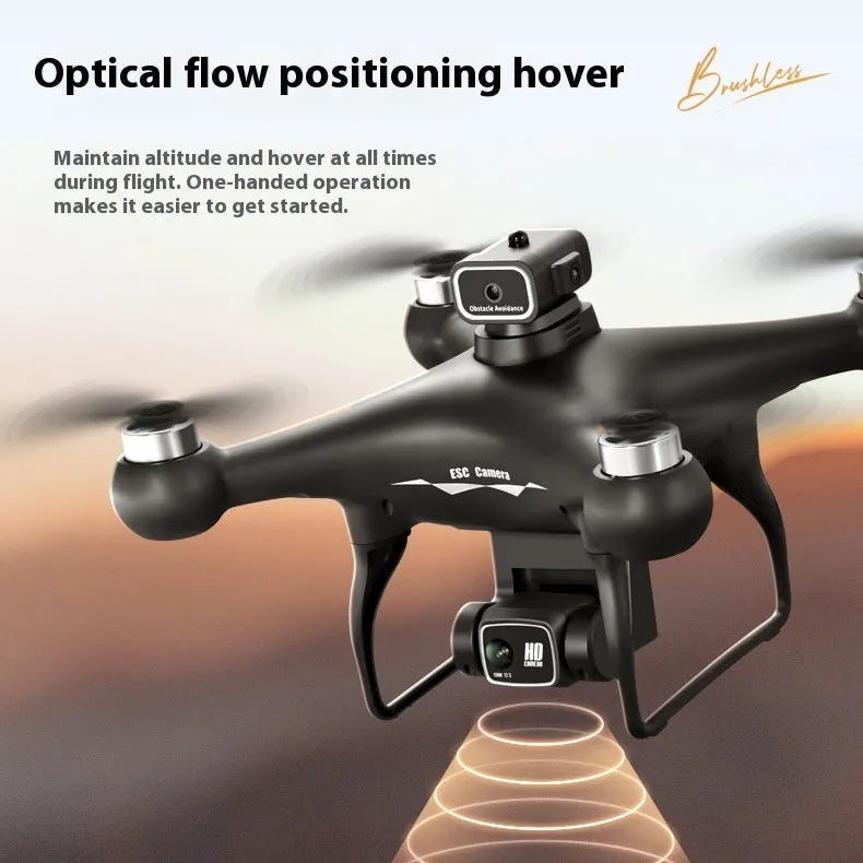 S116 black plastic brushless UAV quadcopter with four-side obstacle avoidance and HD camera, shown with remote control.