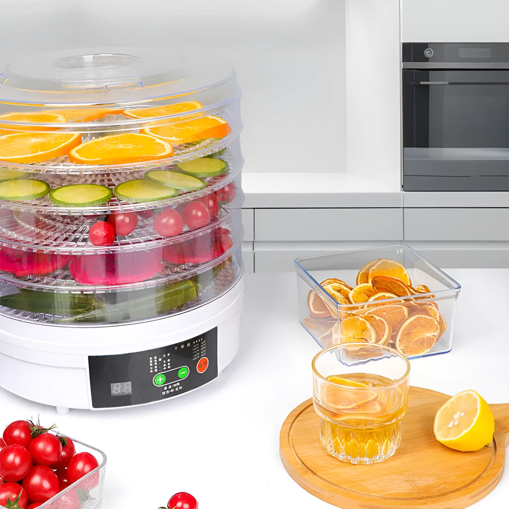 Five-tray household fruit dehydrator with removable shelves on kitchen counter