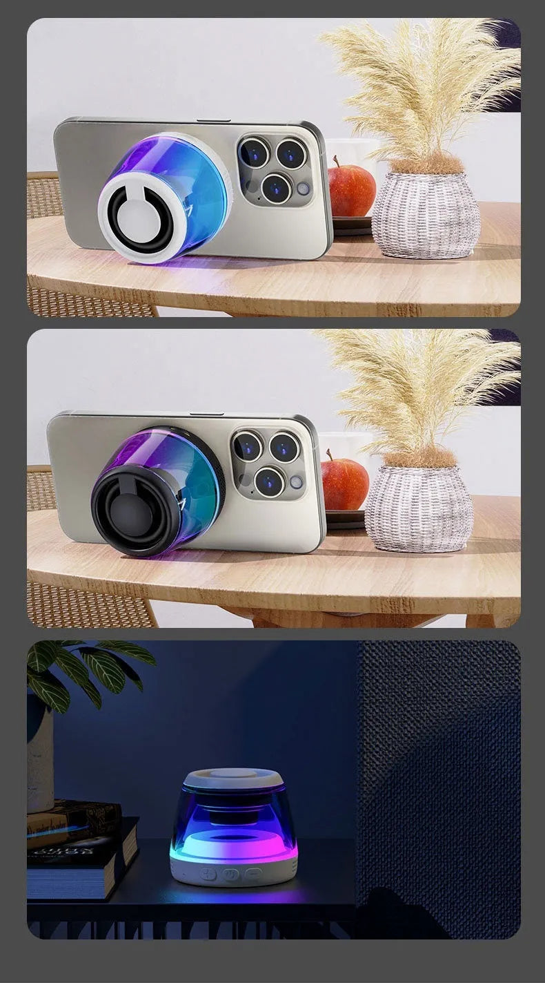 Portable wireless Bluetooth speaker with magnetic base and LED lighting in black or white