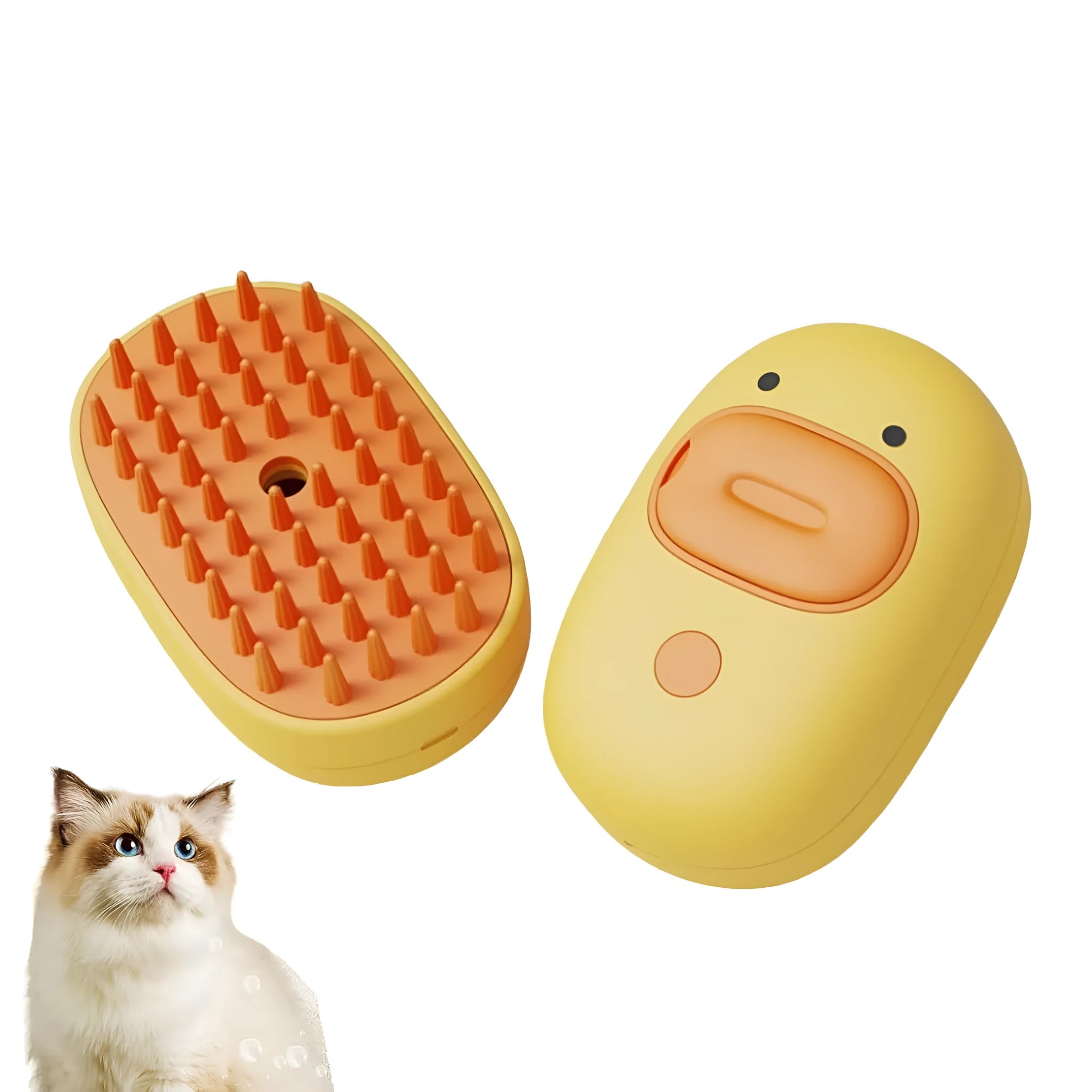 White rechargeable steam pet brush with rubber comb teeth and water tank for dog and cat grooming