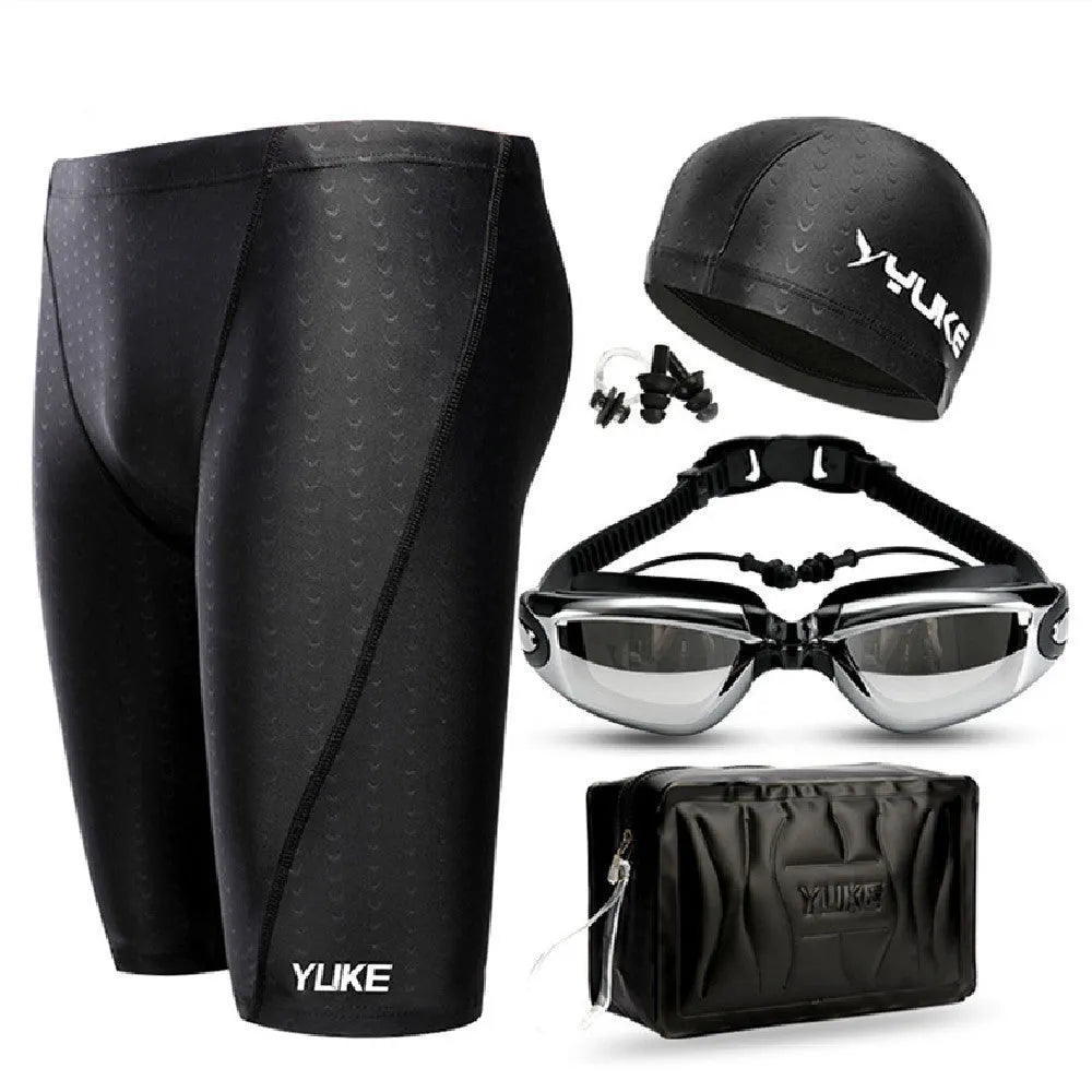 Men's black polyester swimming set with anti-fog goggles, waterproof cap, ear plugs, and swim bag