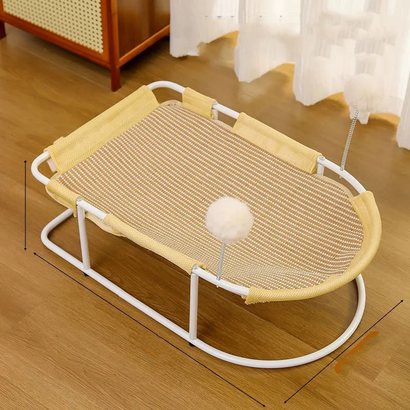Large grey fabric cat kennel with breathable bracket design, serving as a summer pet bed.