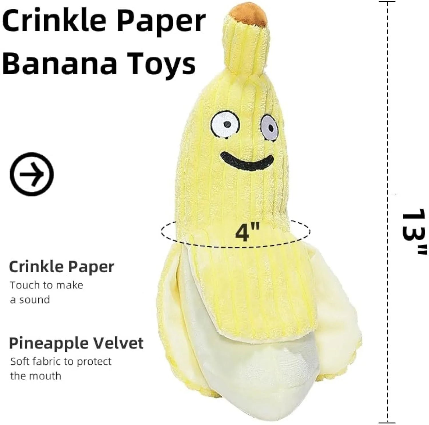 Yellow banana-shaped cat toy with plush fabric and crinkle paper inside.