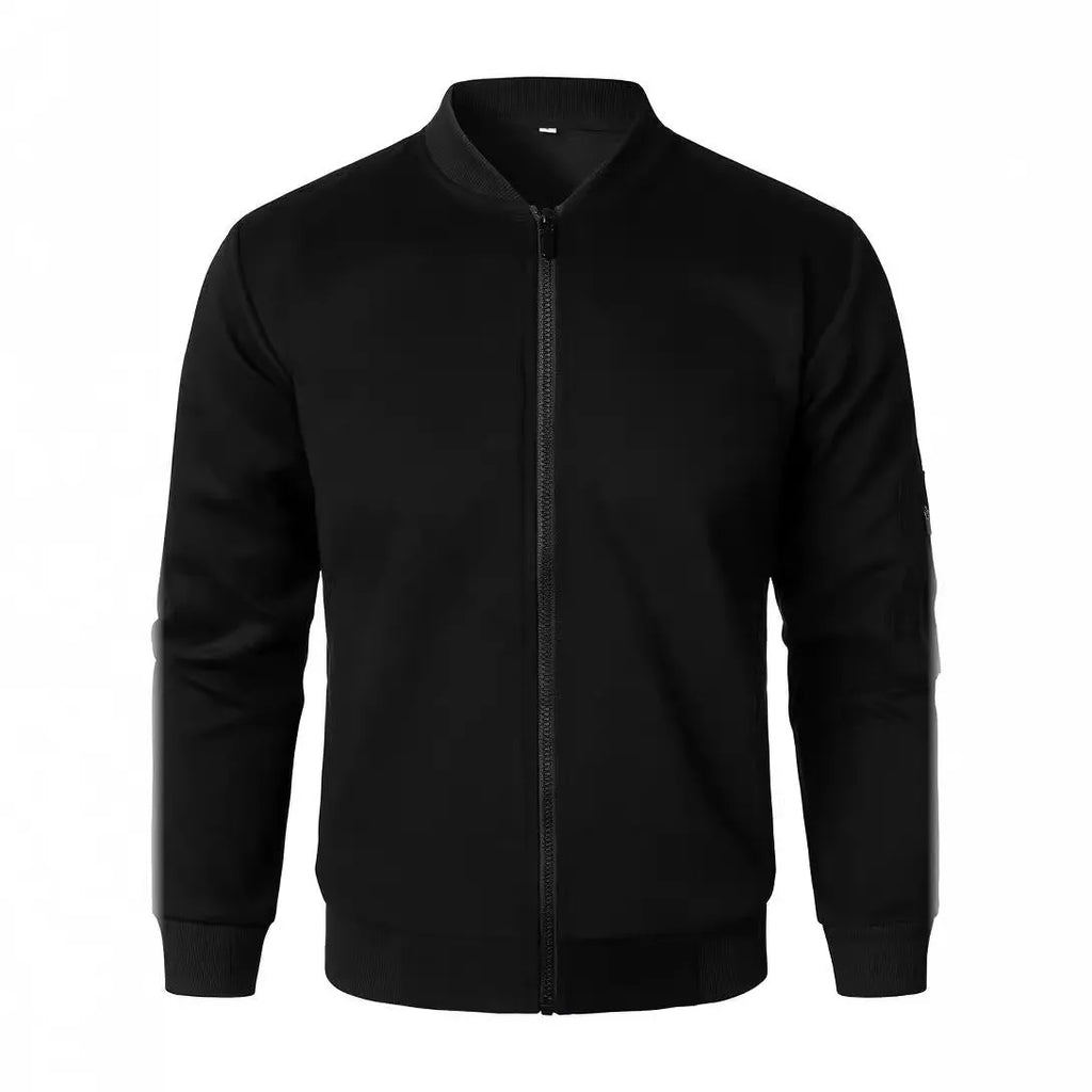 Men's loose-fit knitted jacket in light business style, shown in black, blue, or grey colour options.