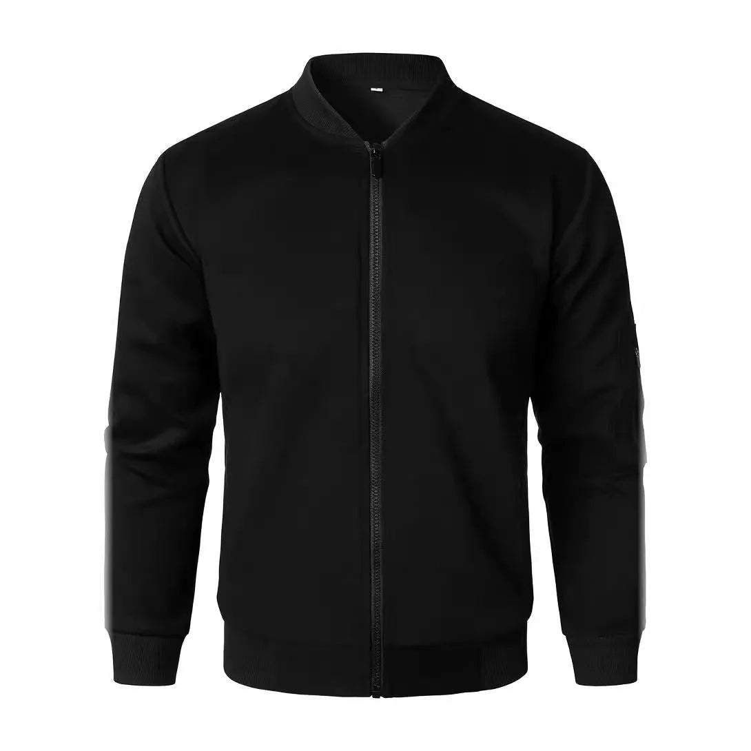 Men's loose-fit knitted jacket in light business style, shown in black, blue, or grey colour options.