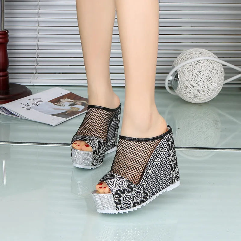 Korean platform sandals with hollowed-out heel, chunky waterproof sole, and lace-up mesh upper in black colour