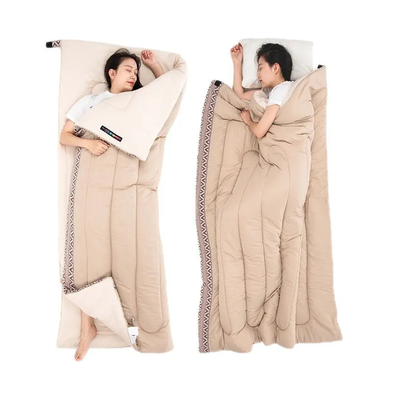 Four seasons portable camping sleeping bag for adults in Chunya fabric, shown in Swamp colour.
