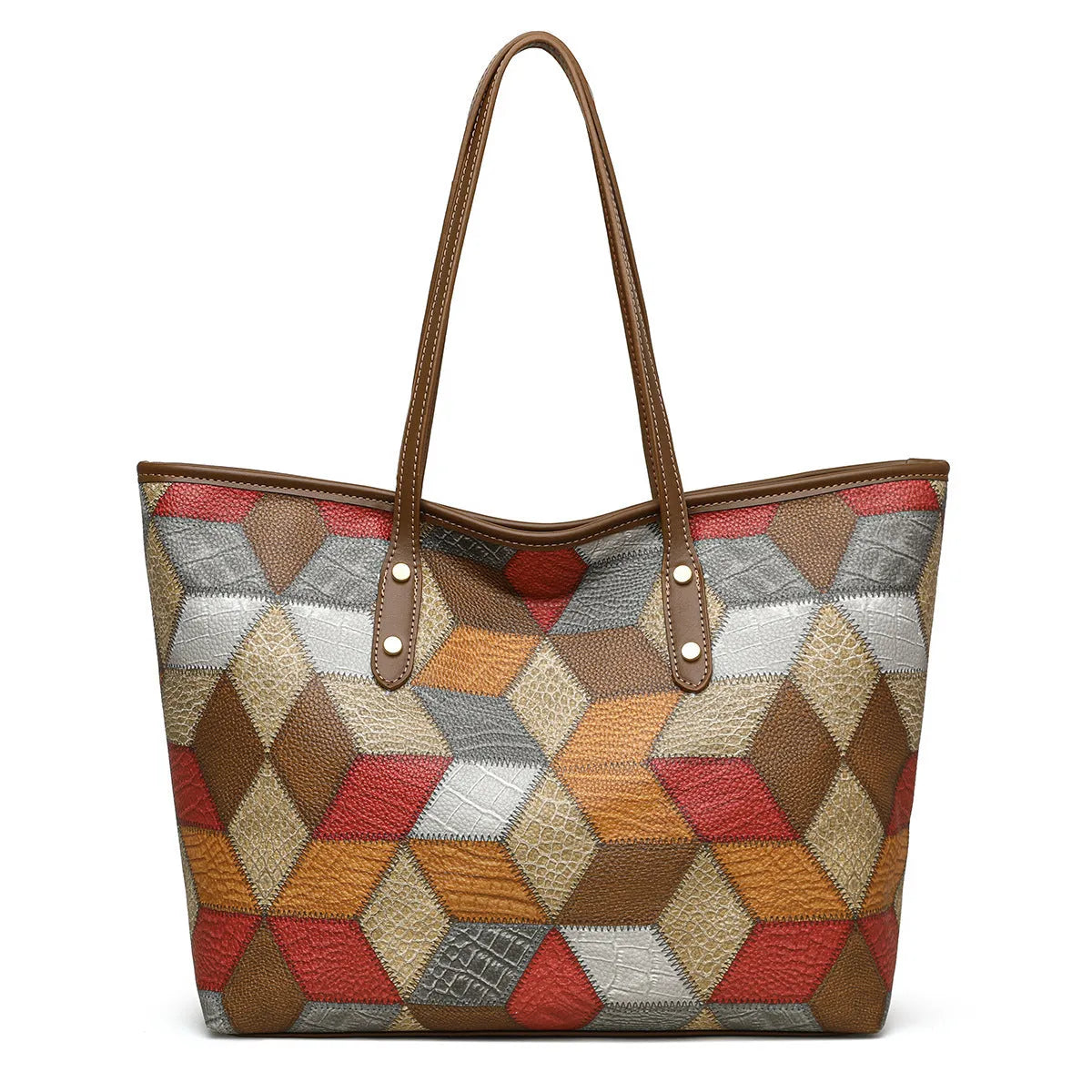 Women's large capacity PVC shoulder bag in blue brown colour with sandwich pocket design