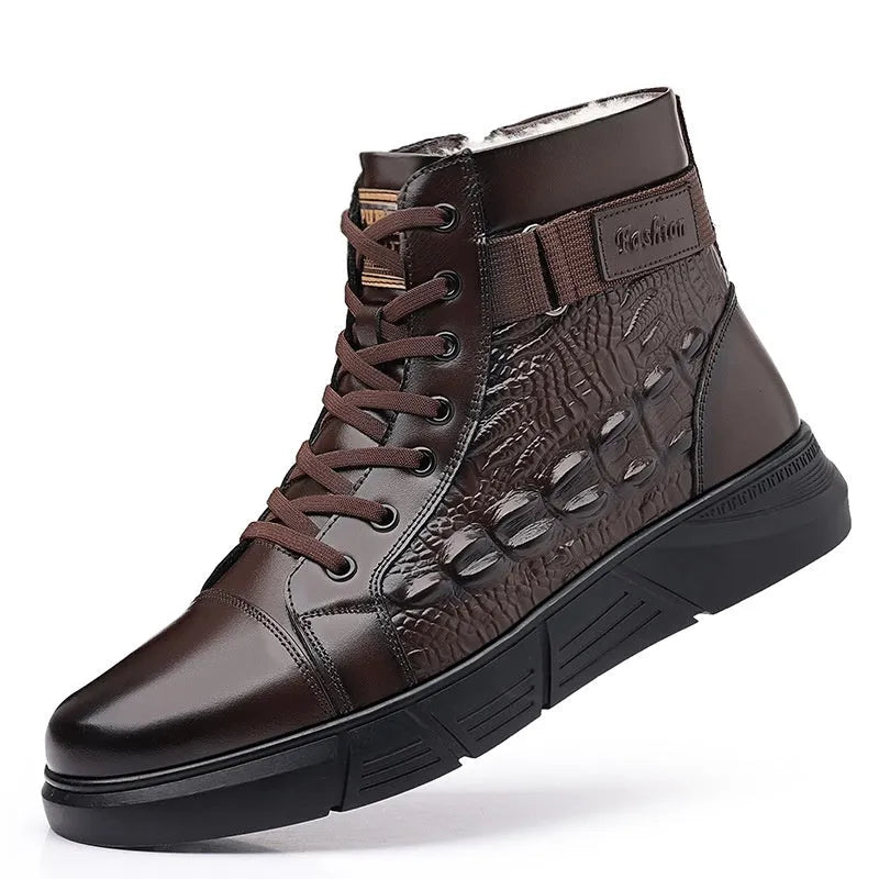 Men's black genuine leather snow boots with fur integration and velvet detailing, lace-up front closure
