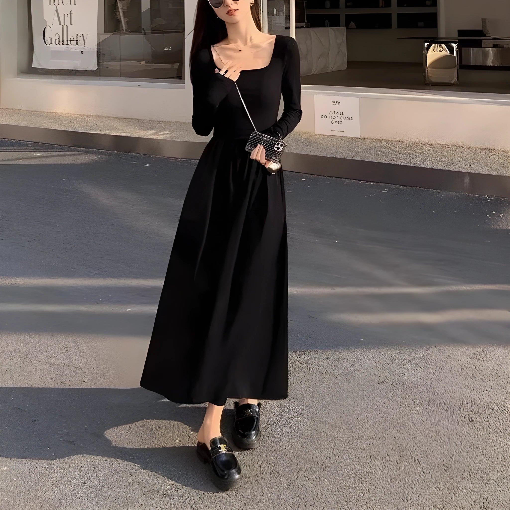Women's square collar knitted dress with elastic waist and A-line long skirt in black