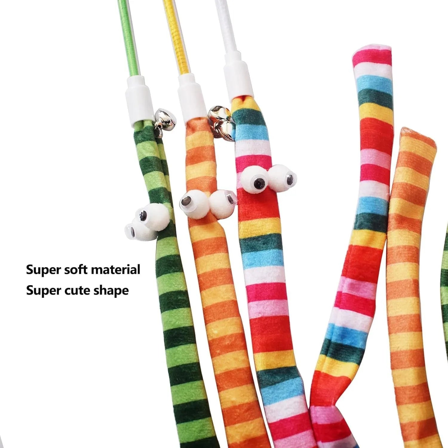 Cat wand toy with polycarbonate pole and colourful plush strip for interactive play