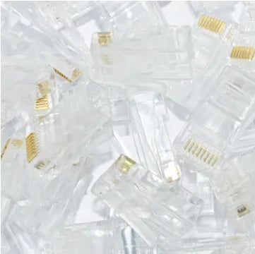 White RJ45 network modular plug with gold-plated three-fork contacts, 1000-piece bulk pack
