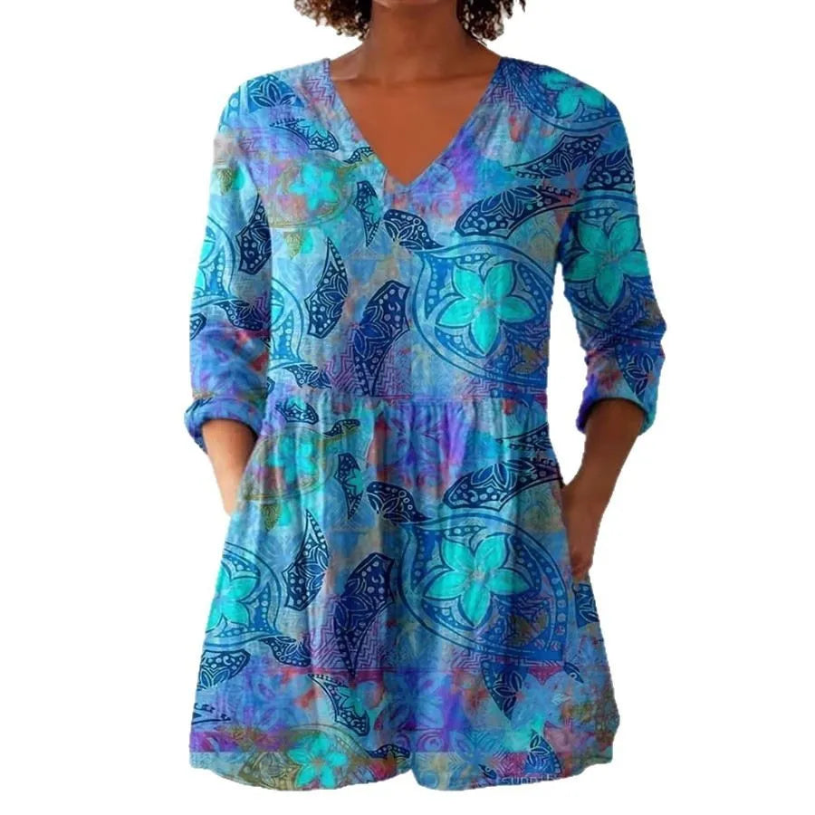 Women's retro slim fit printed long-sleeved top in polyester fabric showing digital print design