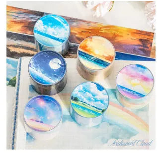 Roll of Japanese paper washi tape with colourful sky cloud patterns, showing 30mm width