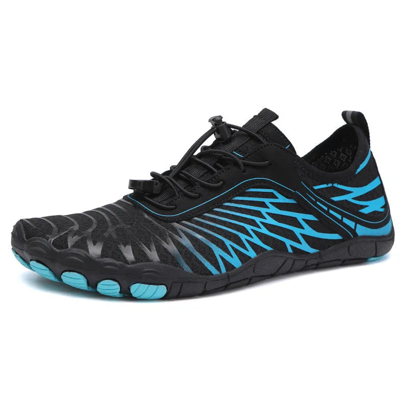 Men's white Upstream lace-up casual sports shoes with a rubber sole on a plain background.