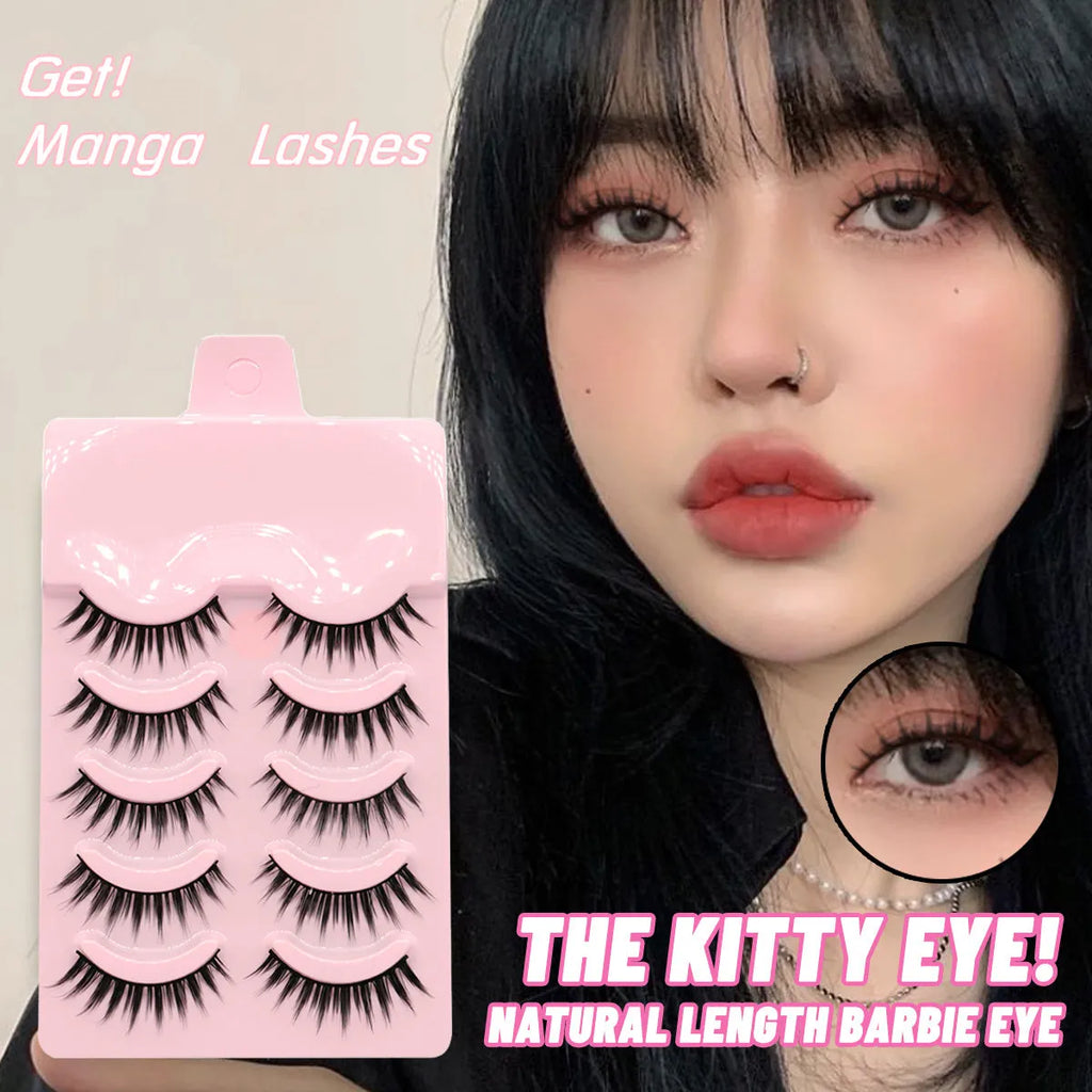 Five pairs of manga style false eyelashes with natural wispy design for anime cosplay and Korean makeup applications