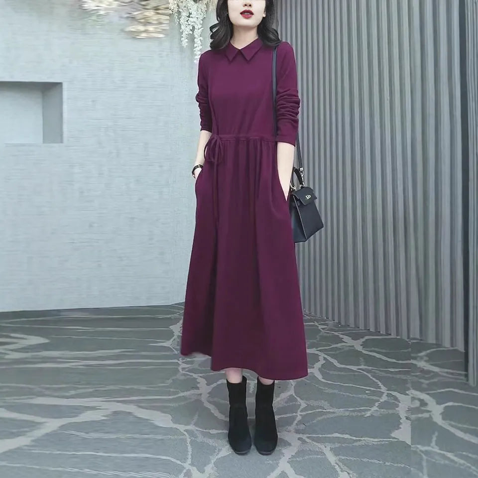 Purplish red plus size women's dress with long sleeves and long skirt for autumn winter wear