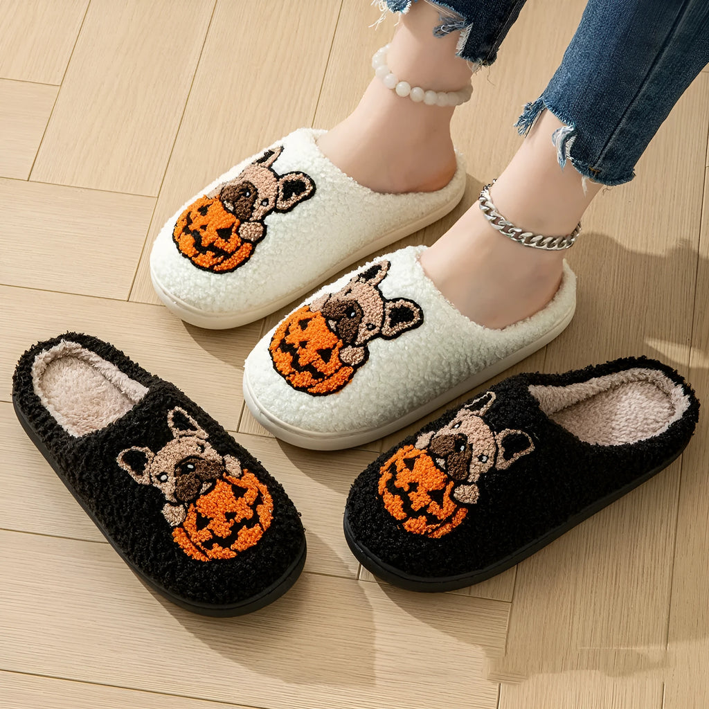 Halloween pumpkin design slippers in plush cotton with non-slip rubber soles