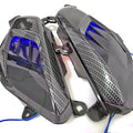 Pair of YAMAHA NMAX scooter side lamps with carbon fibre decoration and blue/red light option.