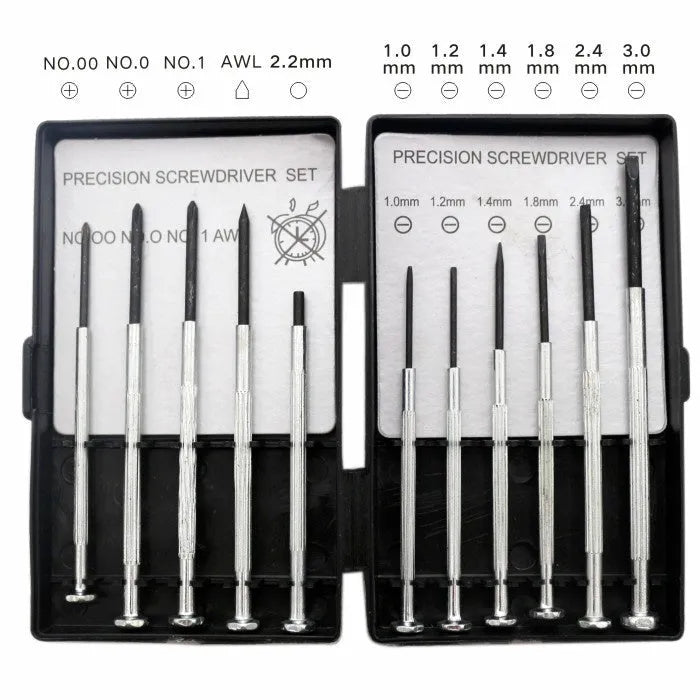 TH-6177 11-piece clock screwdriver set with various bits on a blue background.