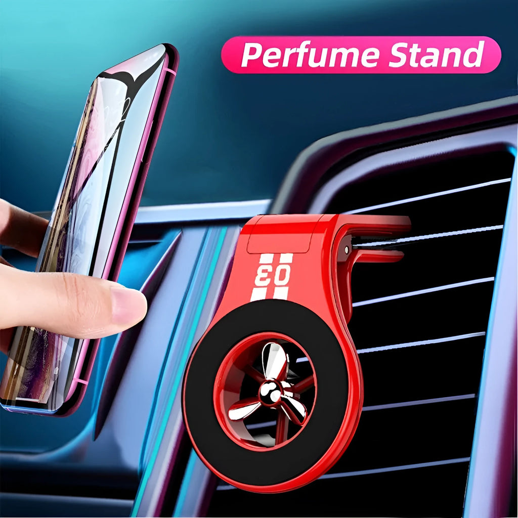 Black magnetic car phone holder attached to vehicle air vent with smartphone mounted