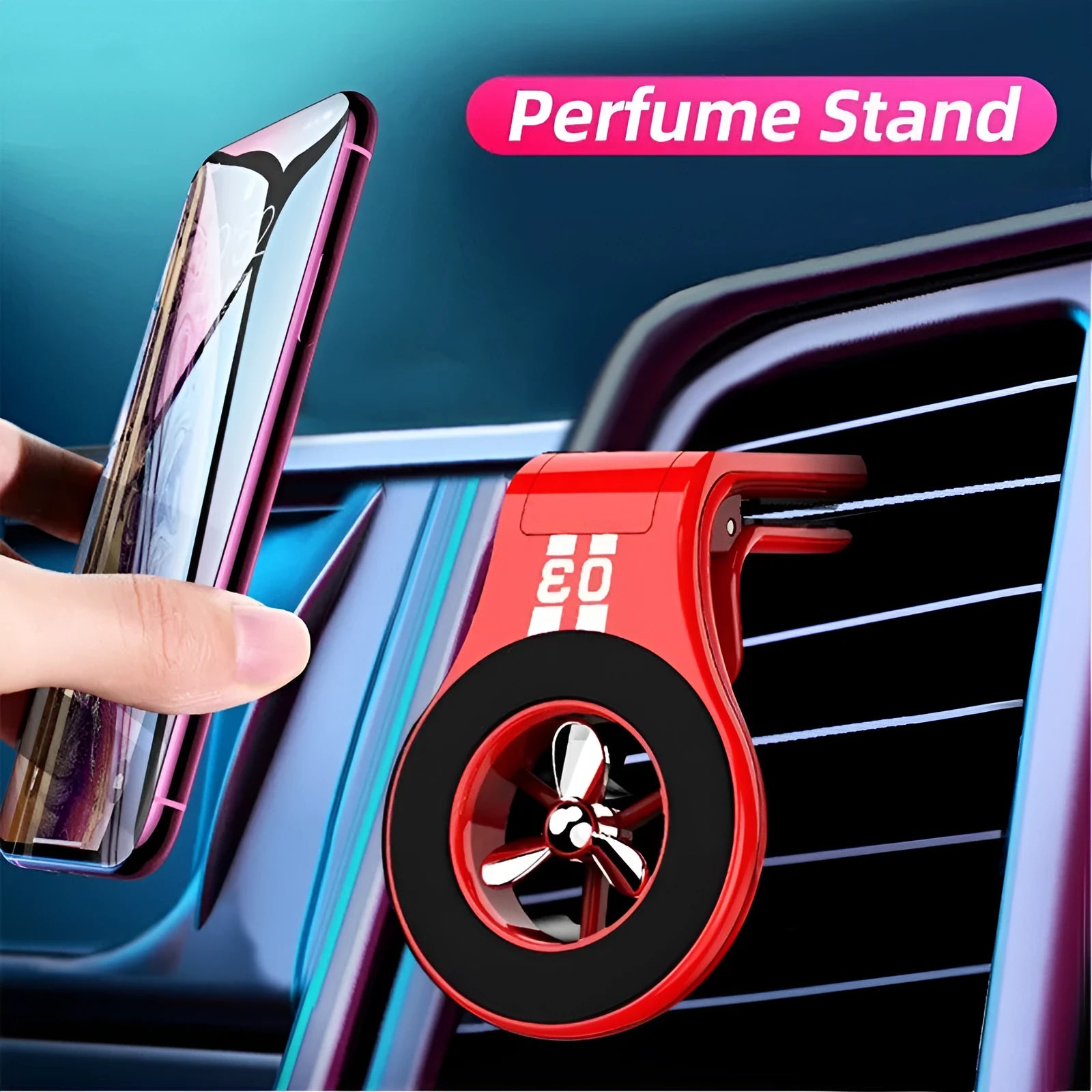 Black magnetic car phone holder attached to vehicle air vent with smartphone mounted