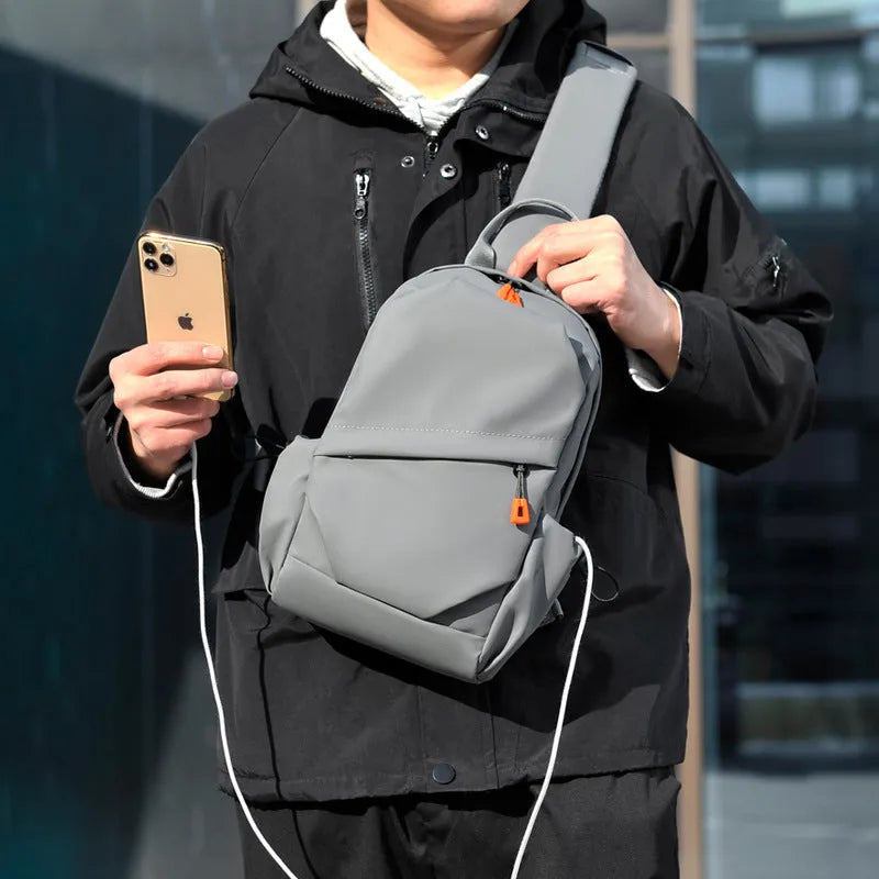 Men's casual crossbody bag in black or grey waterproof polyester with simple style design