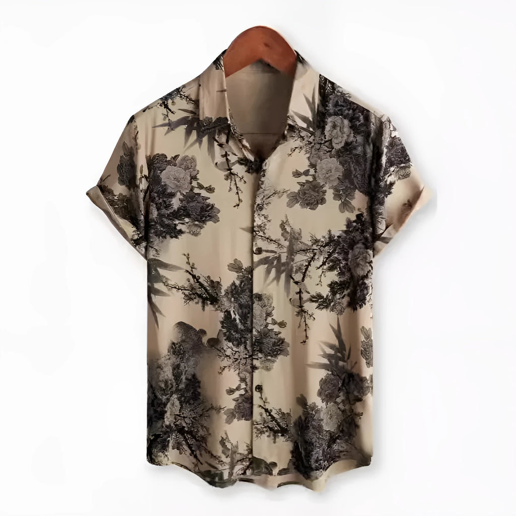 Hawaiian printing lapel short sleeve shirt with floral pattern and cardigan style