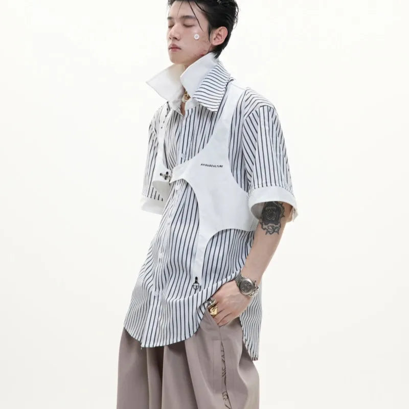 Men's black and white striped short sleeve shirt with double lapel collar design