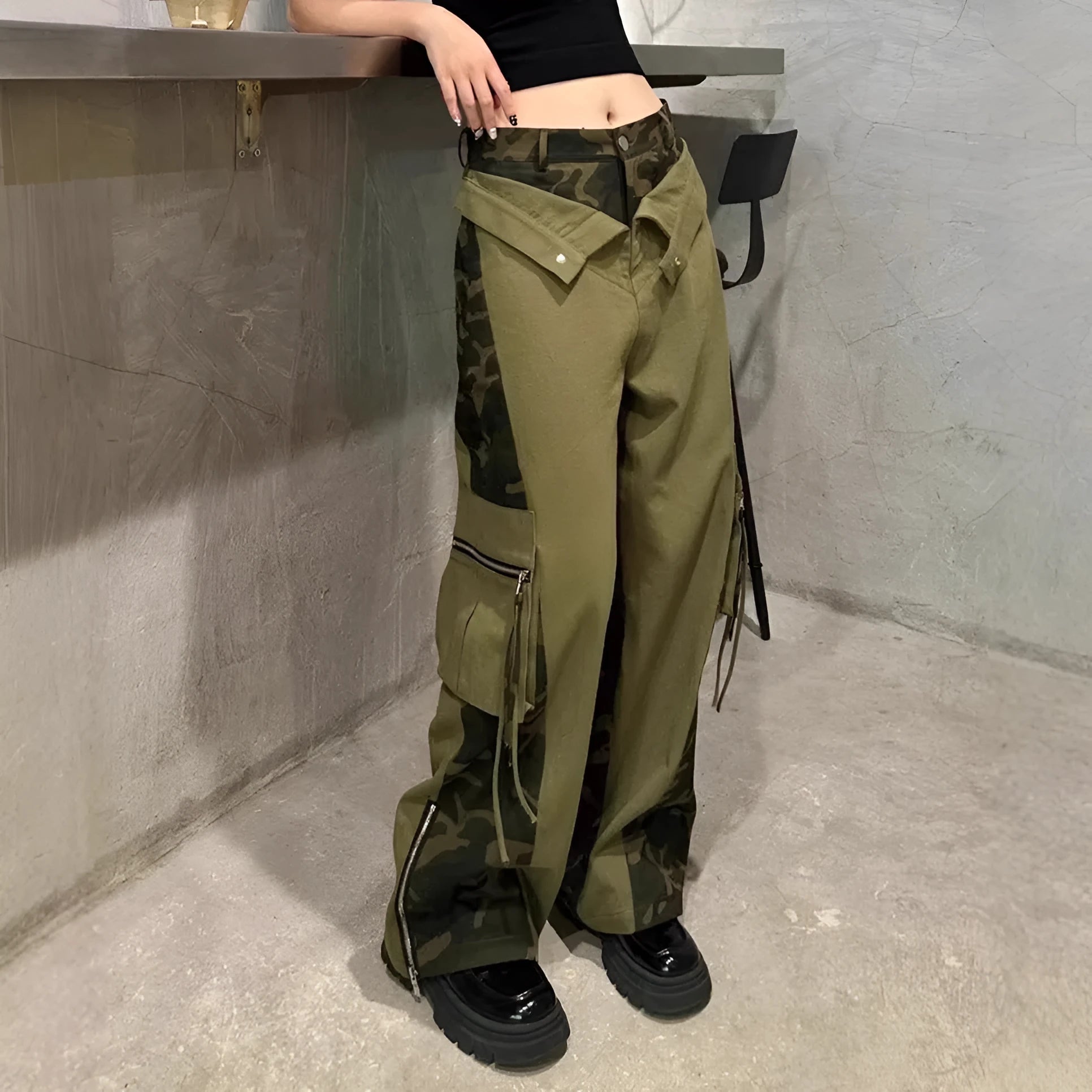 Women's dark khaki leopard print high waist straight leg jeans with contrast stitching tooling style detail