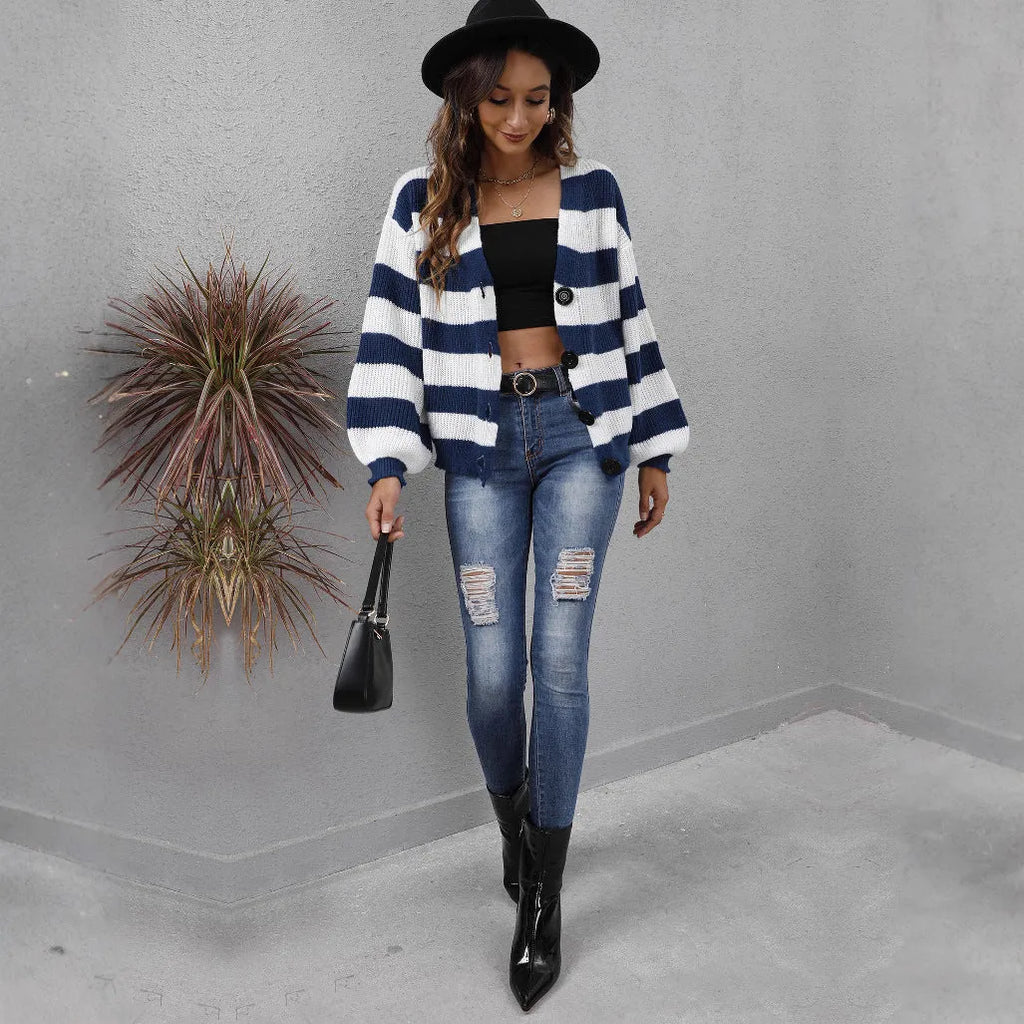 Women's striped deer plush cardigan with button front closure in blue colour
