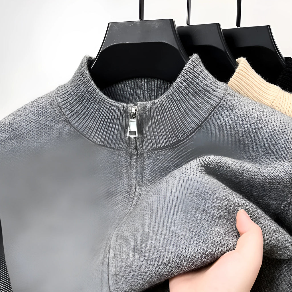 Men's grey stand collar knitted zip cardigan in a loose, thickened fit.