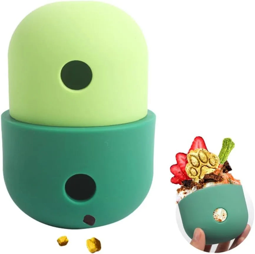 Food grade silicone dog treat puzzle toy in yellow and green, measuring 8cm by 11cm