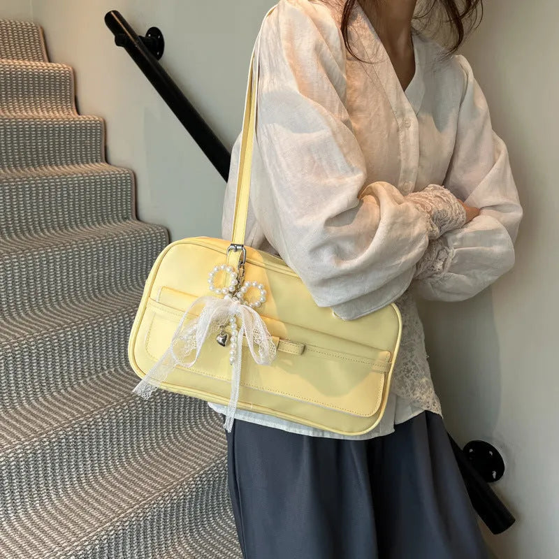Women's PU single-shoulder bag in horizontal square shape with flap closure and double-joint straps