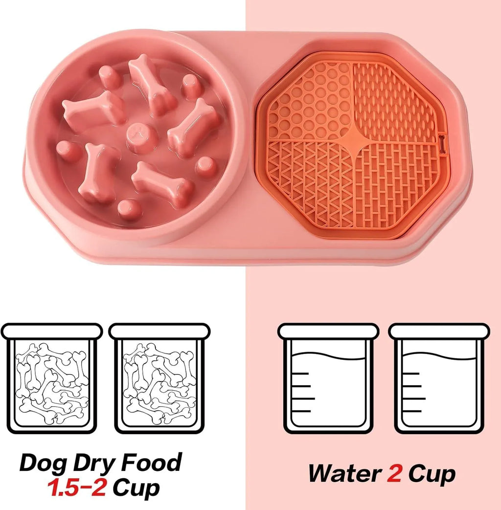 Blue slow feeder dog bowl with maze pattern for dry food and central cup for wet food like peanut butter.