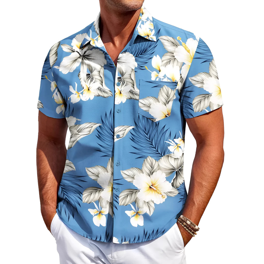 Man wearing a slim fit short sleeve Hawaiian shirt in a cardigan style with a bold pattern.