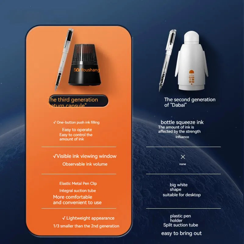 Student automatic suction pen set with plastic shell, 0.5mm or 0.38mm tip options, and 40ml ink feeder