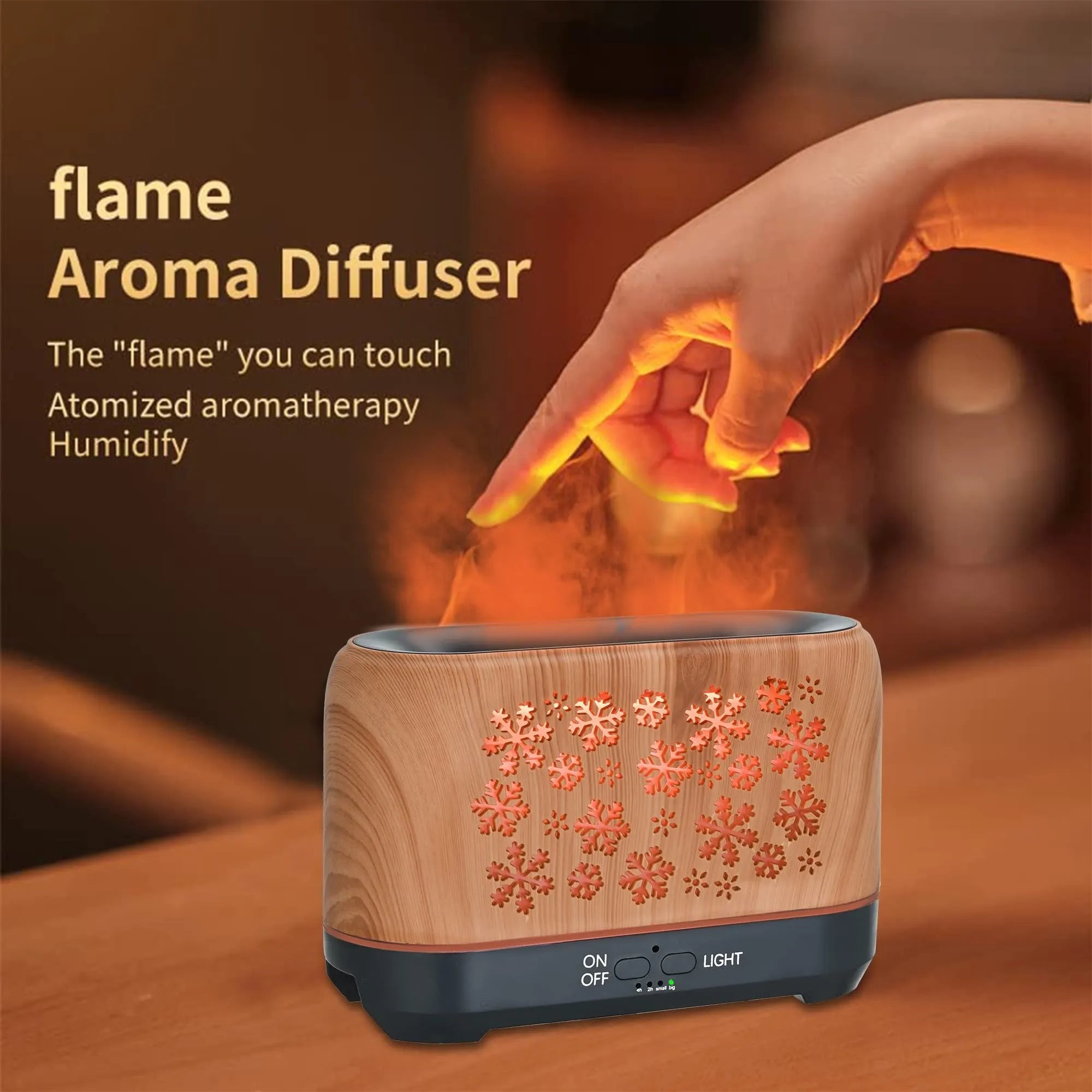 Colourful snowflake wood grain desktop humidifier with remote control and flame lighting effect