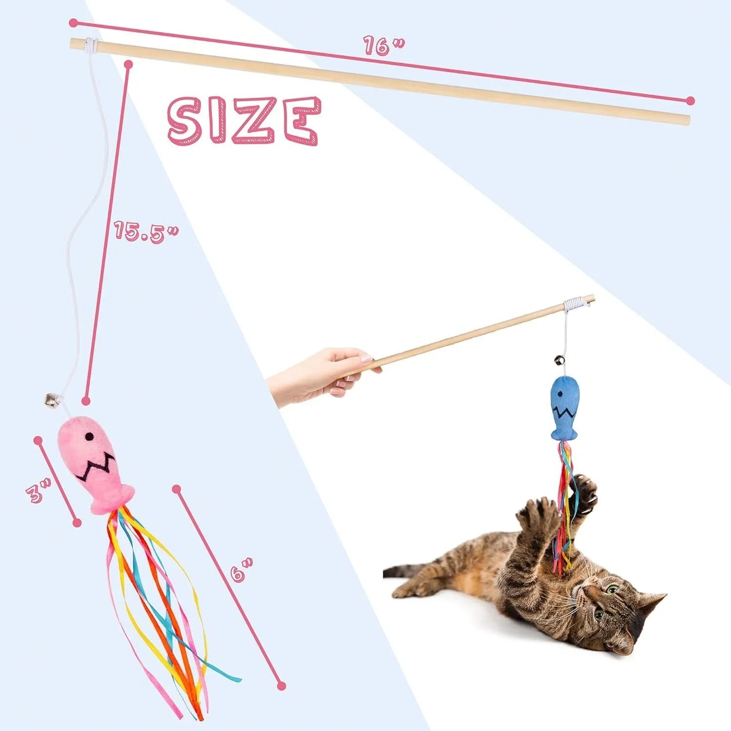 Cat wand toy with wooden handle, colourful ribbons, catnip fish and bell for interactive play with cats