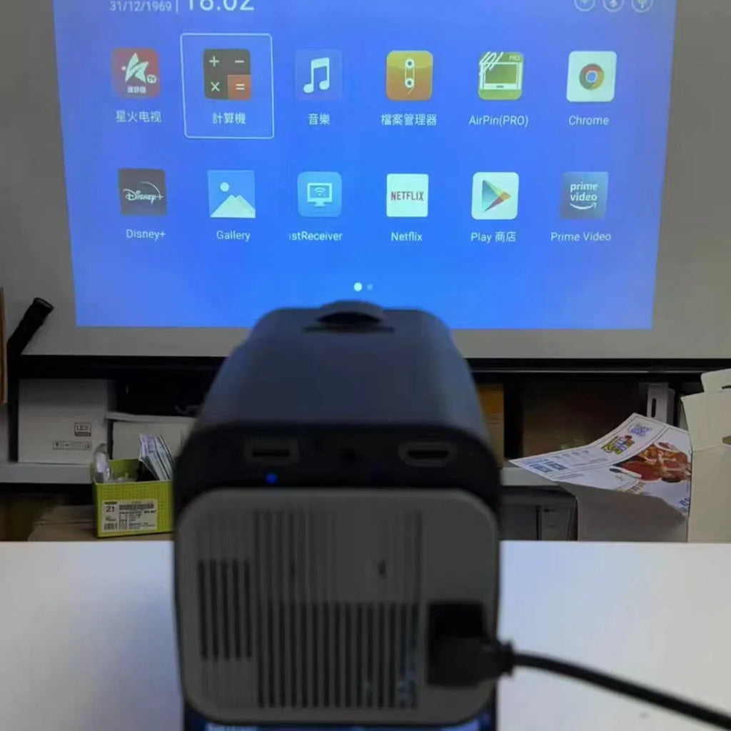 720p HD home projector with portable handle showing wireless connectivity ports