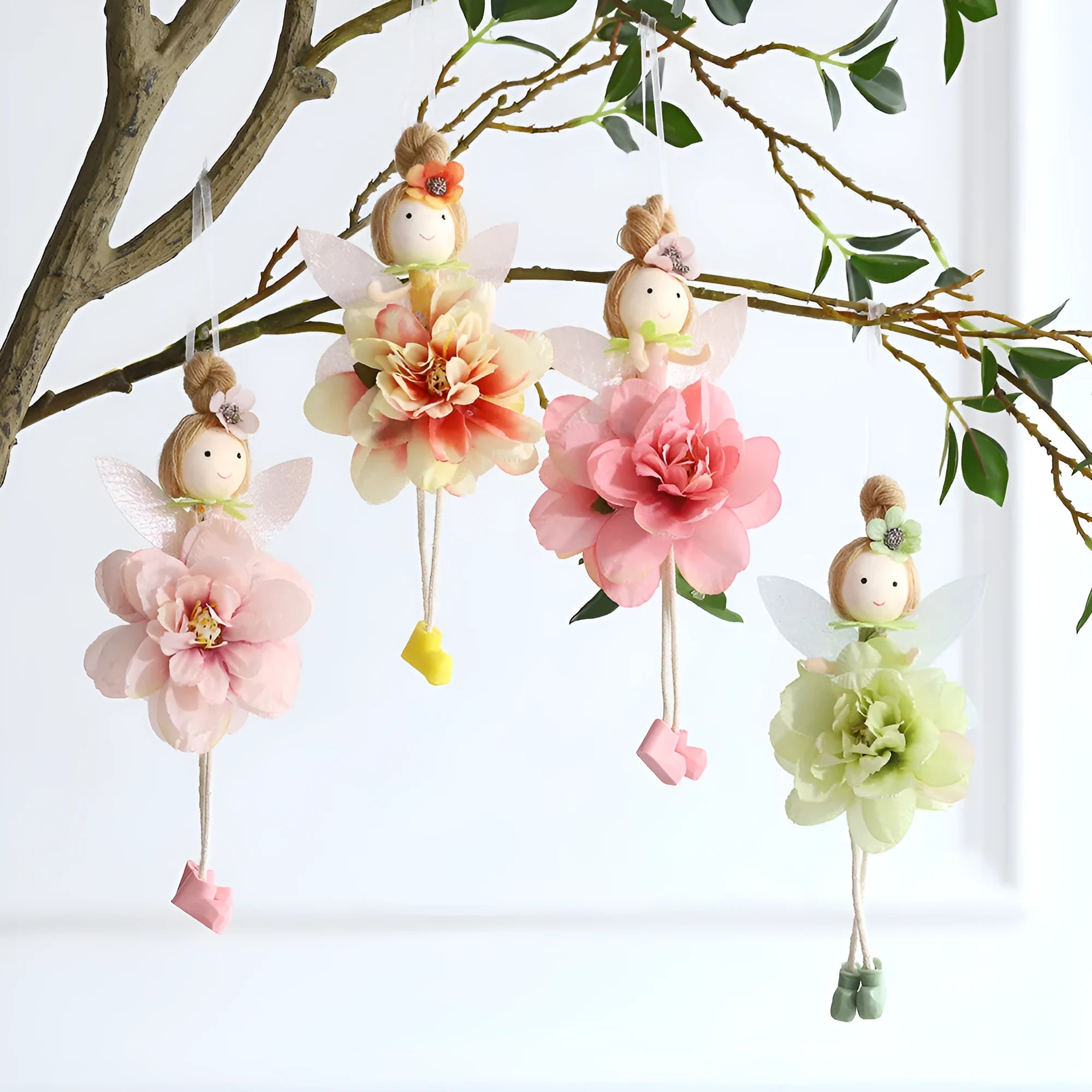 FARCENT cloth flower angel elf Easter pendant decoration in dark pink, pink, green, or yellow colours