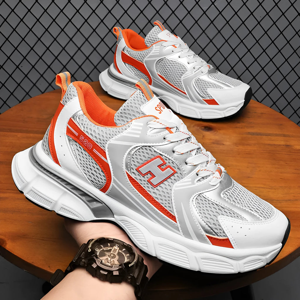 Men's mesh running shoes in three colour options with plastic sole and round toe design