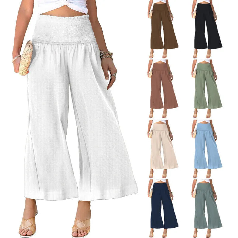 High waist straight leg women's trousers in cotton fabric with cropped length and pleating detail