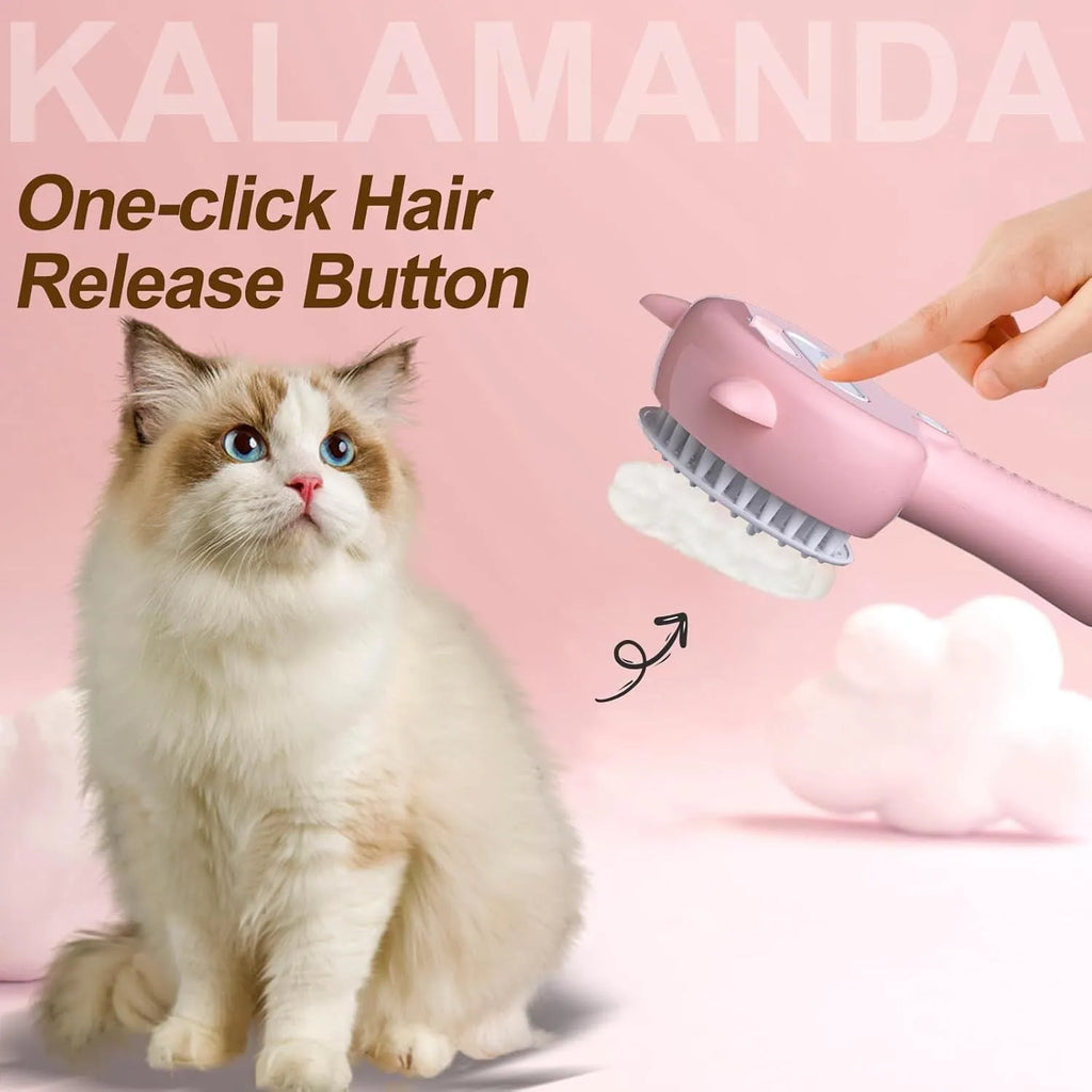 Blue cat steam brush with rubber bristles and release button for pet grooming