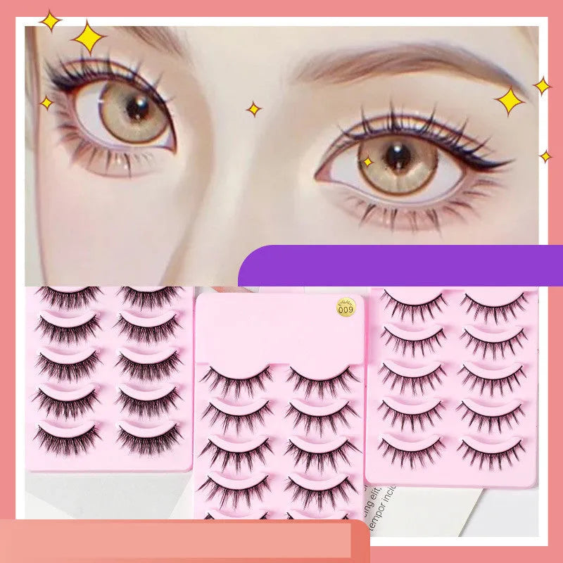 Five pairs of manga style false eyelashes with natural wispy design for anime cosplay and Korean makeup applications