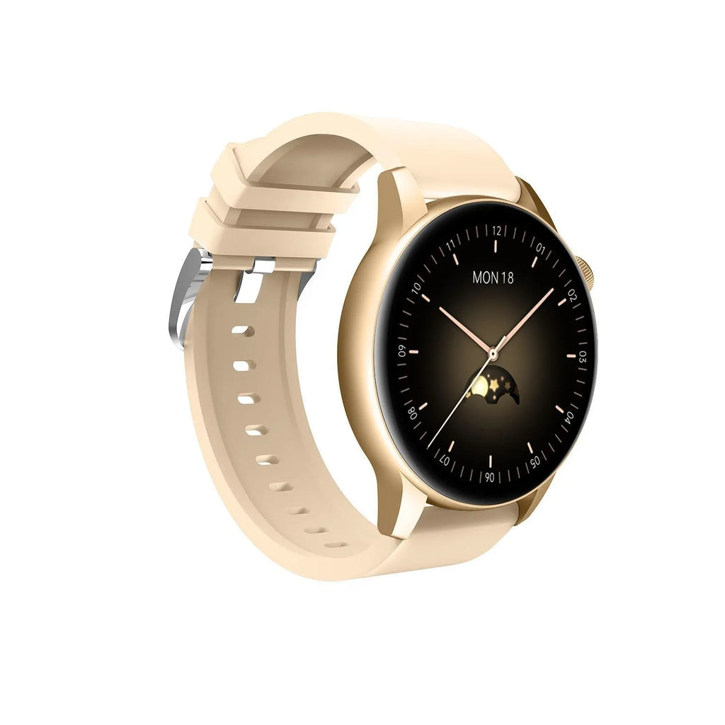 Stainless steel smart watch with colour touchscreen on wrist showing time display